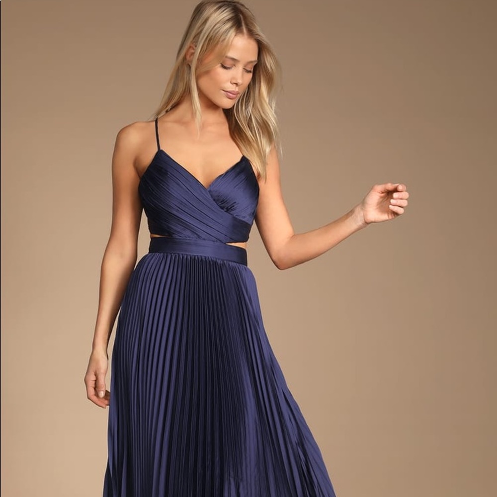 Navy Blue Pleated Cut Out Dress